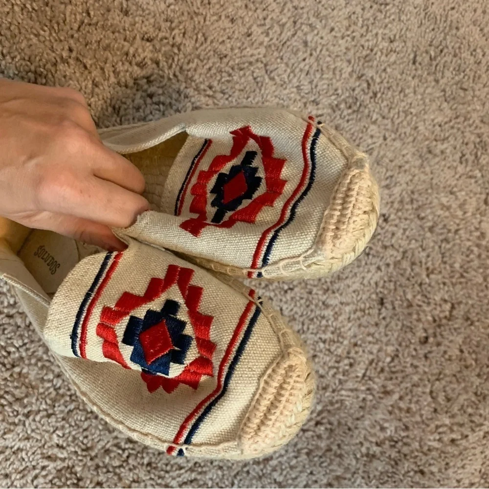 Soludos Boho Embroidered Platform Espadrilles Flats Driving Shoes Cream Red 7